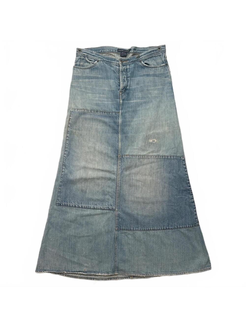 VTG 90's Ralph Lauren Denim Patchwork Buckleback Maxi Skirt Women's 8 Blue
